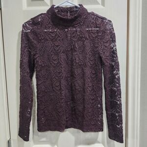 LOFT Women XS Petite Brown Floral Lace Mock Neck Long Sleeve Blouse Top
